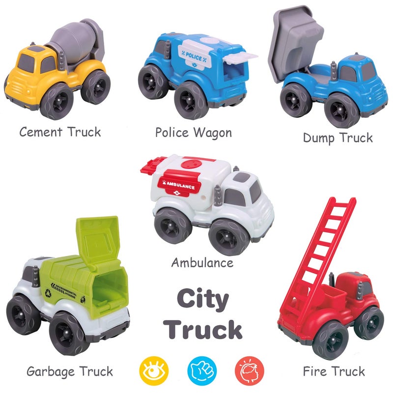 iPlay, iLearn 6PCS Friction Cars Toy for Toddlers 1-3, Small Push Go Construction Truck Kid Age 2-4, Mini Play Vehicle Dump Garbage Fire Truck, Birthday Stocking Gift Cake Topper 12 18 Month Boy Girl - Image 2